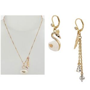 BETSEY JOHNSON SET Pearl Critters Swan Pendant Necklace & Matching Earrings NWT